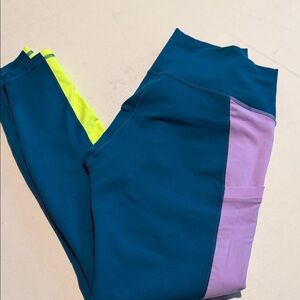Fabletics womens Teal, Lavender and neon green pocket Leggings